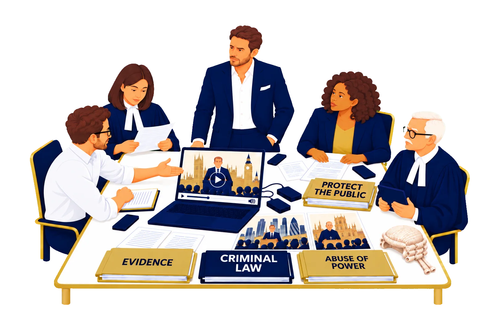 An ExecProsec team around a table examining evidence with two barristers in wig and gown, footage of a public figure speaking, and files marked Evidence, Criminal law, Abuse of power and Protect the public